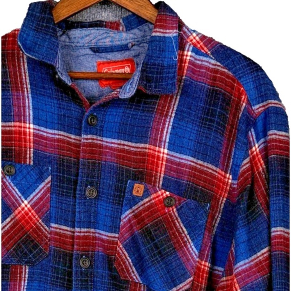 Coleman Plaid Flannel Shirt Mens 2XL Blue Red Button Front Long Sleeve Outdoor